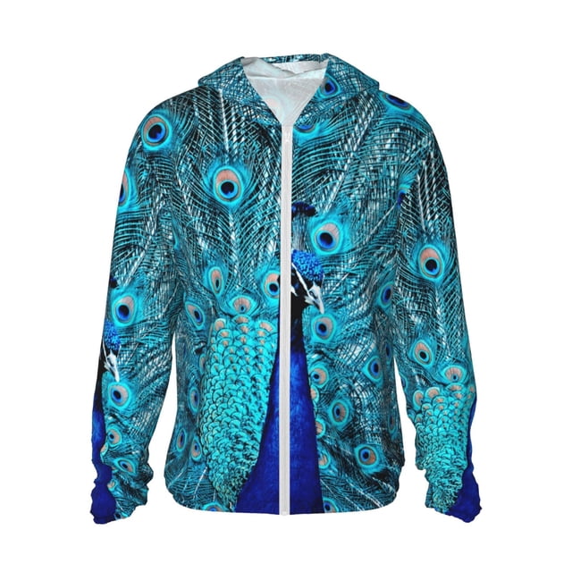 Fotbe Beau Paon Bleu Veste de Protection Solaire UPF 50+ pour Hommes et Femmes avec Capuche et Poches Randonnée Performance Extérieure-Moyenne