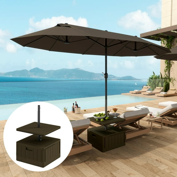Outsunny Patio Umbrella Base with Table Tray, Heavy Duty Weighted Umbrella Stand with Wheels Handles, 176lbs with Stand Filling, Brown