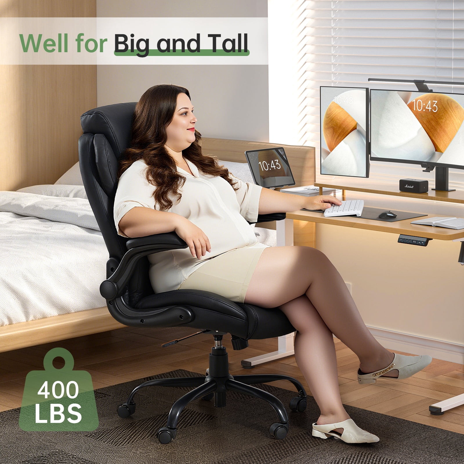 Big and Tall Office Chair 400LBS, Heavy Duty Executive Leather Office Chair Wide Seat Ergonomic Computer Desk Chair High Back Chair Adjustable Task Chair (Black)