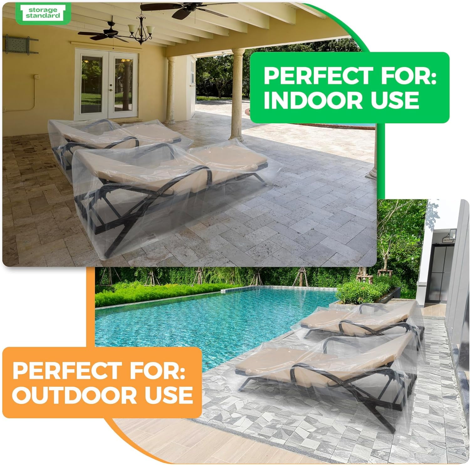 2-Pack Waterproof Outdoor Chaise Lounge Covers for Patio Furniture - Reusable & Heavy-Duty Clear Plastic Outdoor Furniture Covers Waterproof for Lounge Chairs, 84" x 32" x 32"