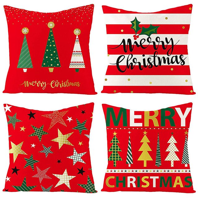 Juego de fundas de cojines navideños de 4 fundas de cojines navideños de lino Afortunado Sencillez