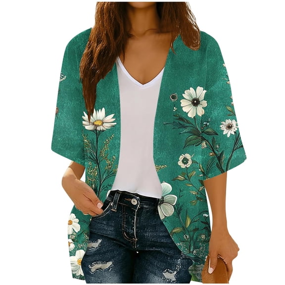 Nfurl Womens Lightweight Cardigans Trendy Bohp Floral Printed 3/4 Length Sleeve Thin Open Front Shrugs Cardigans Green,S