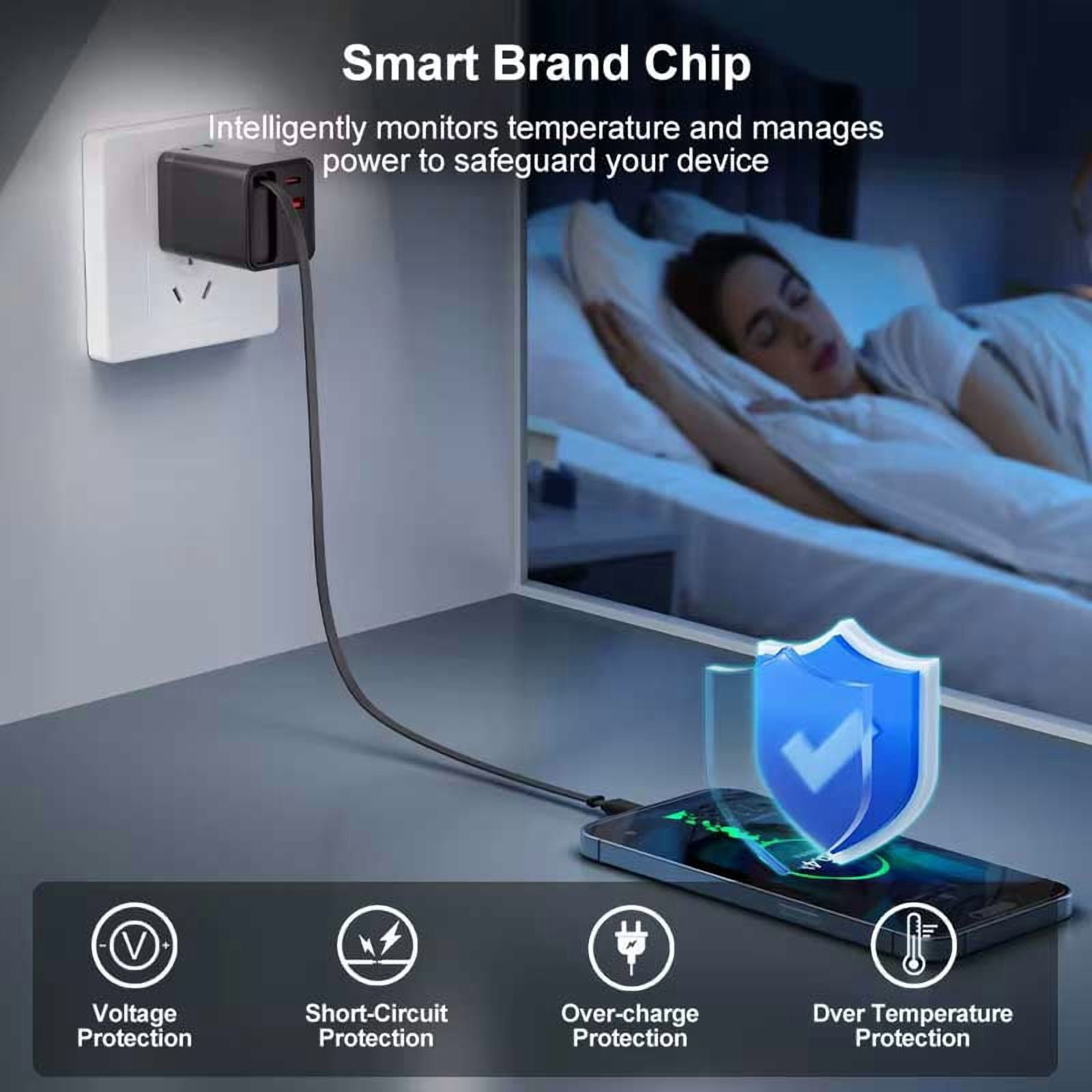 65W PD Home Charger Compatible With Motorola Moto G Play (2021,2023,2024,2026) - Fast Type-C 2ft Retractable Cable USB-C Built-in Power Cord QC3.0