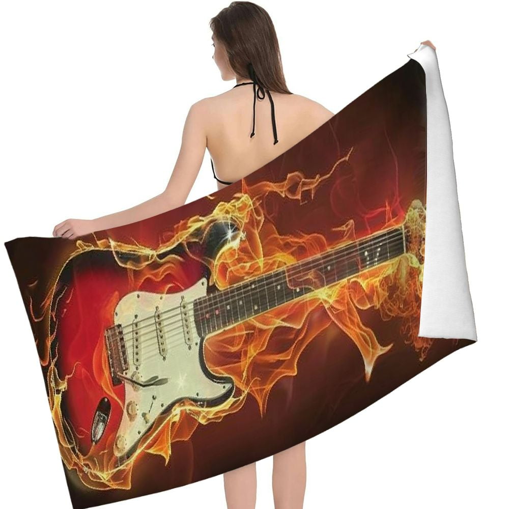 PHYHOO Fire Guitar Microfiber Beach Towel, Music Guitar Large Oversized Beach Towel Lightweight Quick Dry Soft Absorbent Bath Towel, Sand Free Towel for Swimming Travel Sports 30x60in