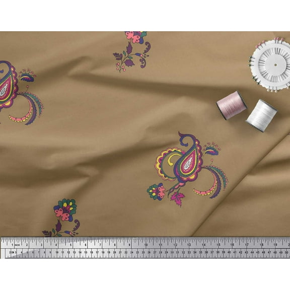 Soimoi Brown Crepe Silk Fabric Paisley Ethnic Printed Fabric 1 Yard 42 Inch Wide