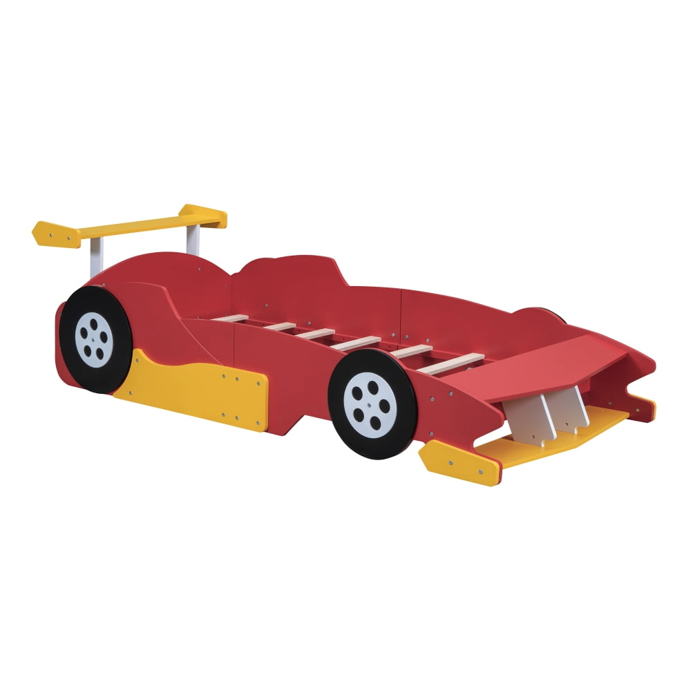Twin Size Race Car-Shaped Platform Bed with Decorative Wheels, Low-Profile Frame, No Box Spring Needed