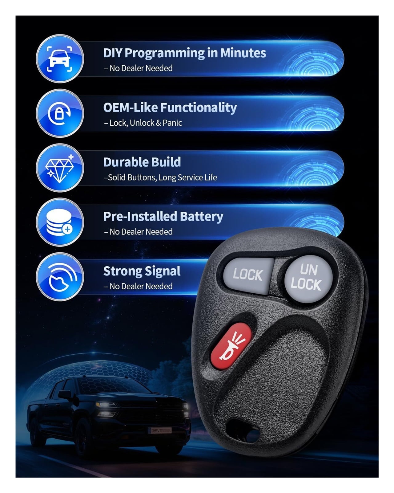 Key Fob Fit for Select 1998 1999 2000 2001 2002 Chevrolet Chevy Silverado Suburba, GMC Sierra Yukon, Cadillac Escalade and Oldsmobile Bravada Trucks, 15042968 1573280 3 Button Keyless Entry Remote