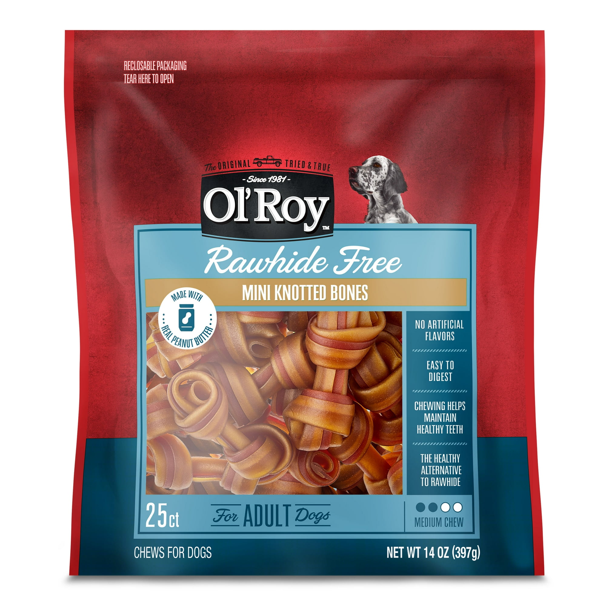 Ol' Roy 2.5 Inch Rawhide Free Mini Knotted Peanut Butter Flavored Bones, Chews for Dogs, 14 oz, 25 Count
