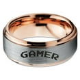 thumbnail image 2 of Tungsten Gamer Typography Writing Band Ring 8mm Men Women Comfort Fit 18k Rose Gold Step Bevel Edge Brushed Polished, 2 of 4