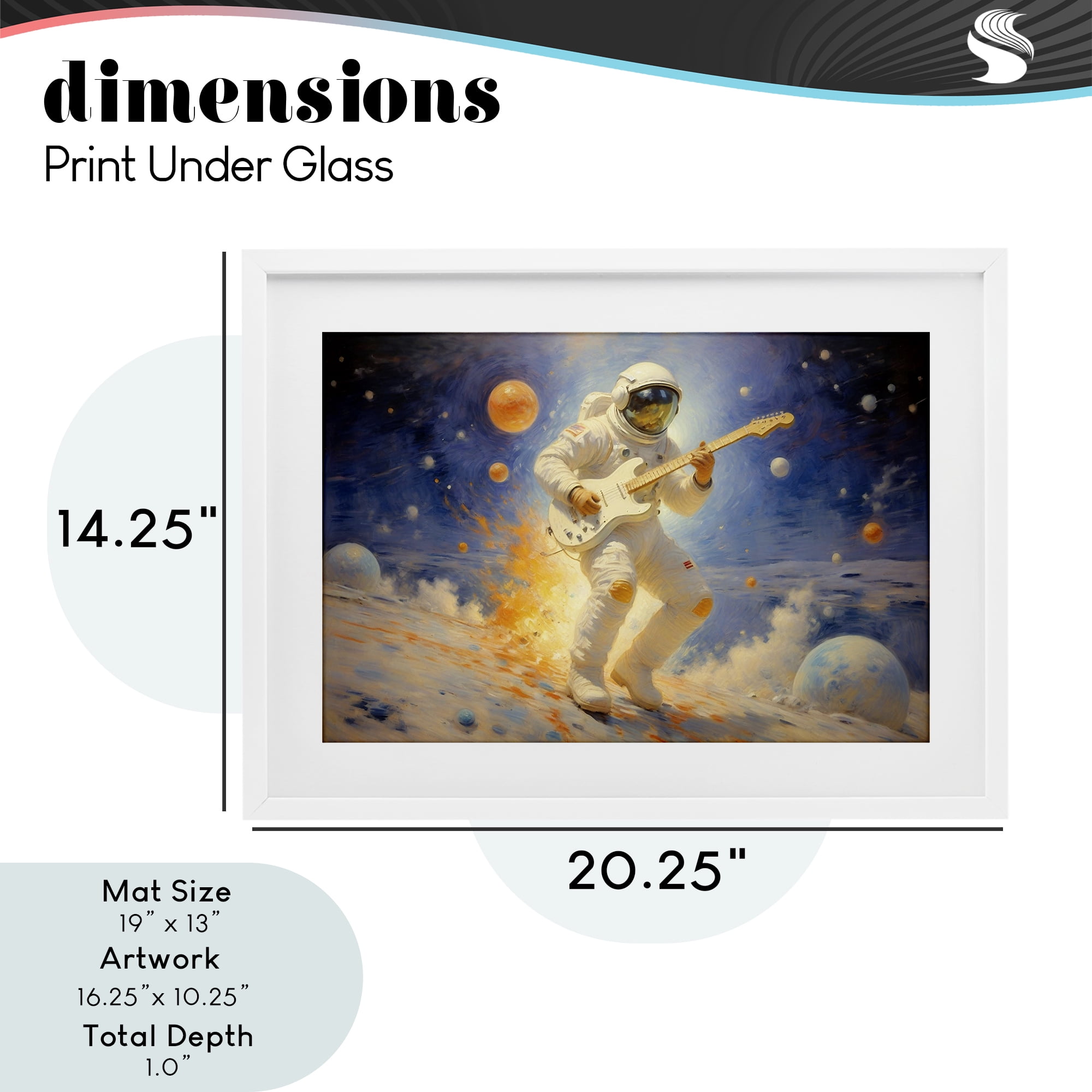 Space Astronaut Musician White Framed Print Under Glass, design by Angie Hawke