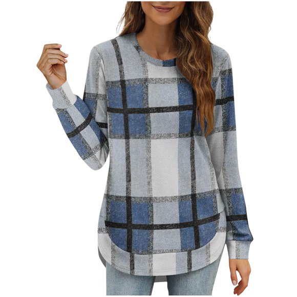 JGGSPWM Women's Casual Loose Plaid Long Sleeve Round Neck Irregular Bottom Shirts Loose Soft Comfortable Top Shirt Blue L