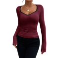 thumbnail image 2 of Camiseta de Larga con Cuello Redondo Estilo Y2K para Mujer, de Color Liso, Ideal para , Otoño e Invierno. para un Look Casual de Negocios. Rojo Vino S, 2 of 8