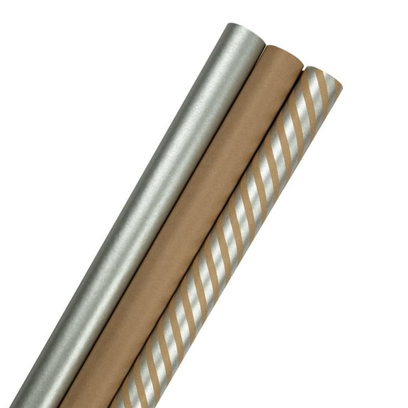 JAM Paper Christmas Kraft Silver Stripes & Solids Wrapping Paper, 87.5 Sq ft, 3/Rolls
