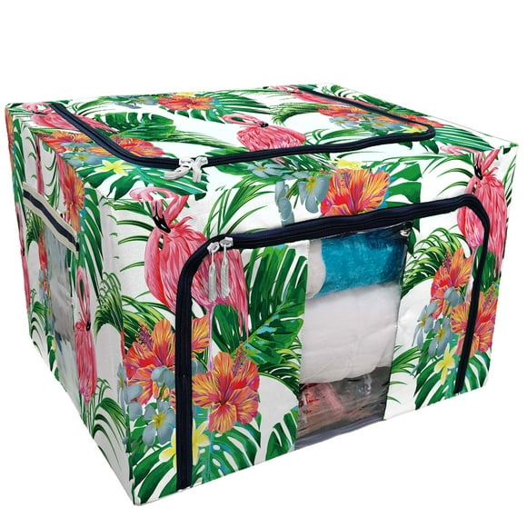 EREHome floral flowers palm leaves jungle plants hibiscus bird flamingos Storage Bag Clear Window Storage Bins Boxes Large Capacity Foldable Stackable Organizer With Steel Metal Frame