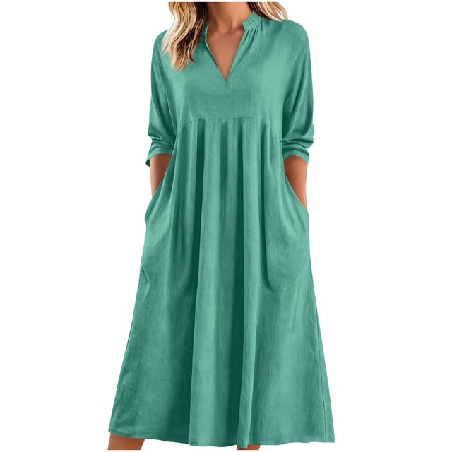 Vestido Largo de Manga Larga para Mujeres Cuello en V Suelto Bolsillo Cuarto de Manga Poliéster Vestido de Fiesta Casual