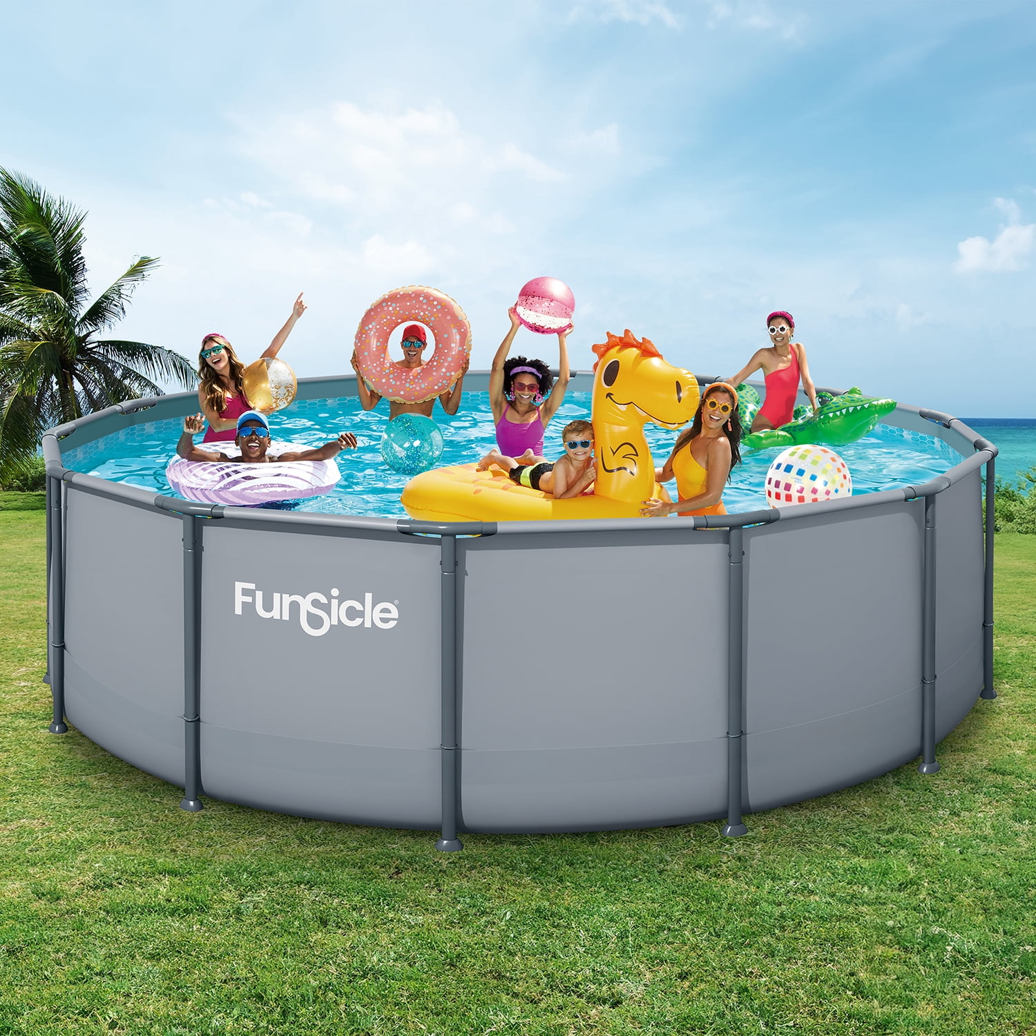 Funsicle Oasis Above Ground Metal Frame Swimming Pool Set – with FB1800S AutoSkimmer Pump, Ladder, Cover, Cloth & Deluxe Maint. Kit, 16' x 48", Round, Gray
