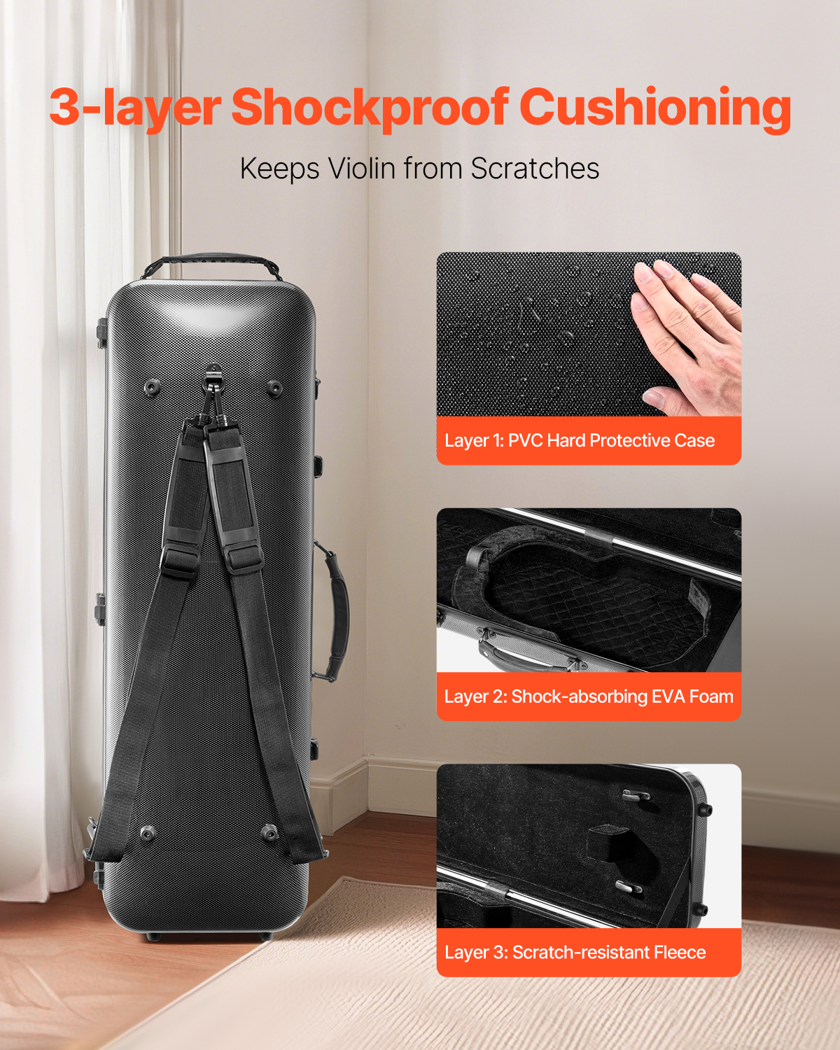 VEVOR 4/4 Full Size Violin Case, Built-in Hygrometer, Lightweight Portable Travel Carrying Bag, with Plush Lining, Shoulder Straps, Anti-Scratch, Professional Oblong Shape, for Violin, Black