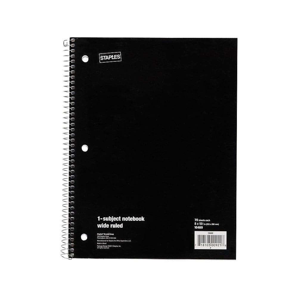 Staples 1Subject Notebook 8" x 10.5" Wide Ruled 70 Sheets Black