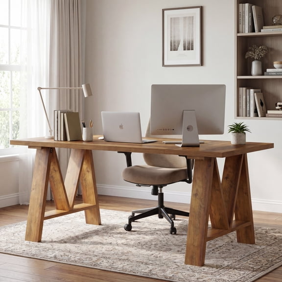 Finmind 63" Farmhouse Executive Desk, Wooden Computer Desk for Home Office, Brown