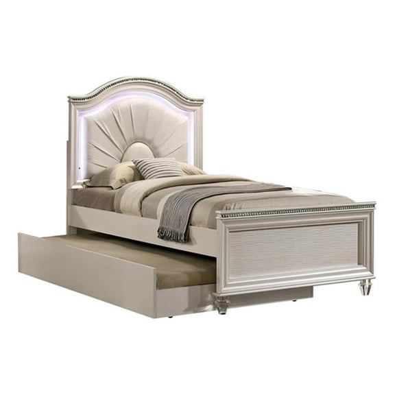 Jisoo Twin Size Bed-Pearl White Upholstery-Radial Arch Headboard