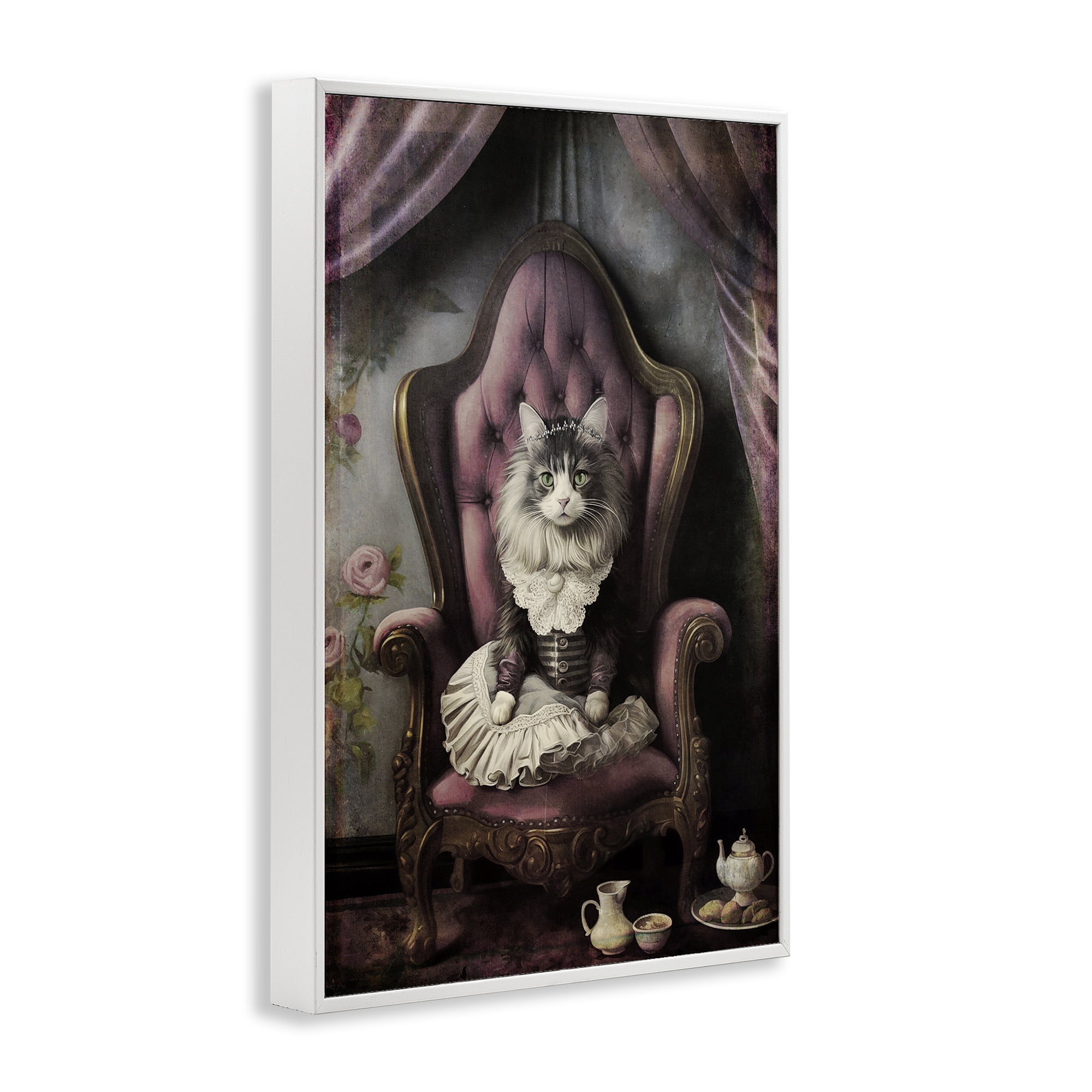 Stupell Industries Royal Cat & Tea Novelty Painting White Framed Art Print Wall Art, 16 x 24