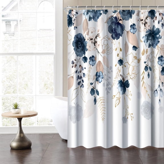 Floral Shower Curtain for Bathroom Navy Blue Gold White Blossom Flowers 72x72 inches Hanging Leaves Botanical Plants Retro Classic Farmhouse Polyester Waterproof Fabric Stall RV Curtains