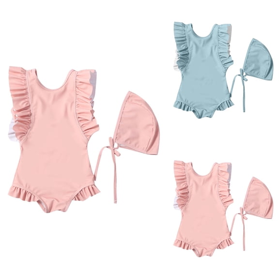 Baby Girls' One-Piece Beach Swimsuit with Ruffled Trim, Sleeveless Solid Color Swimwear for Toddlers 3M-3T