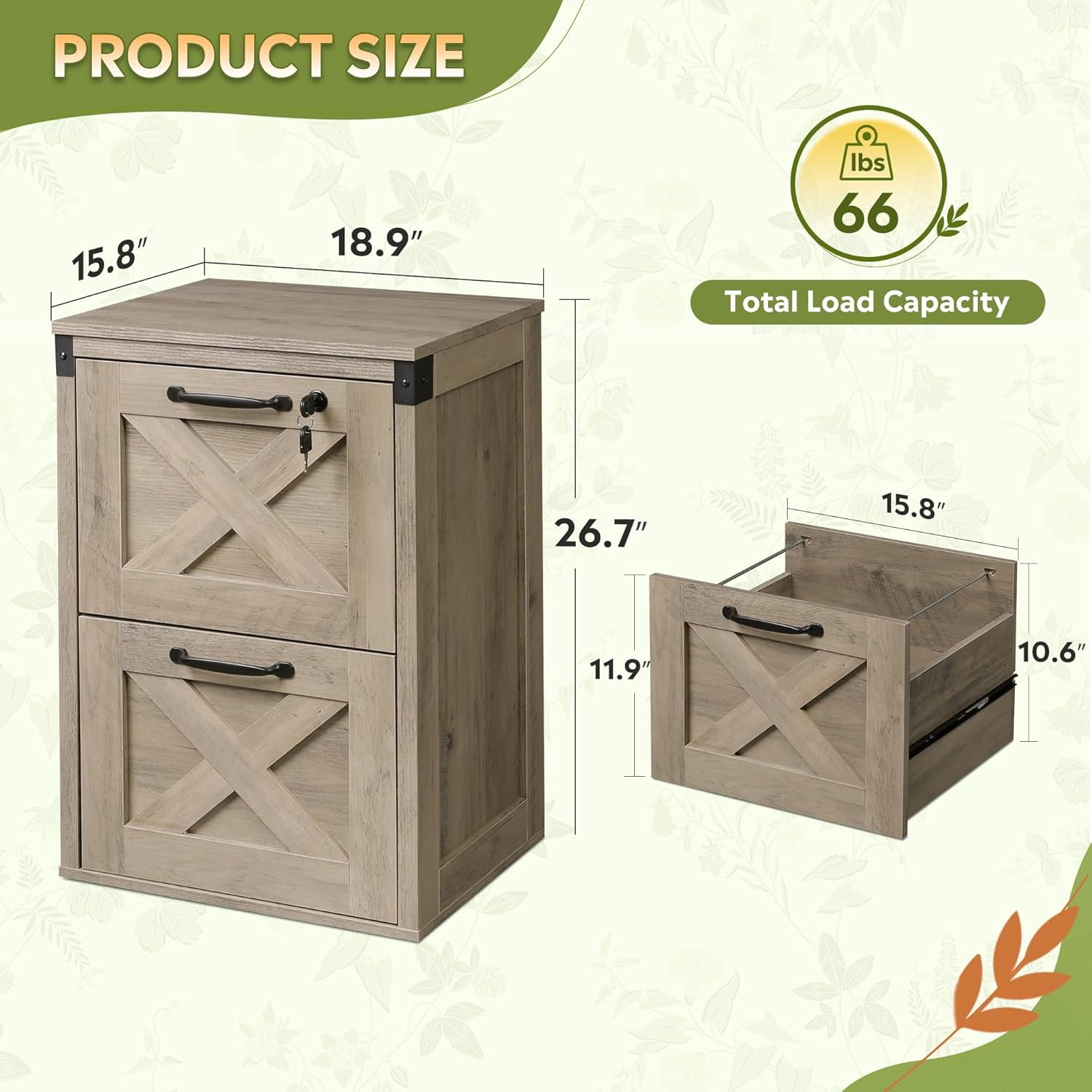 2 Drawer File Cabinet with Lock, Wood Farmhouse Filing Cabinet for Home Office, Printer Stand Fits Letter and A4 Size, Gray Oak