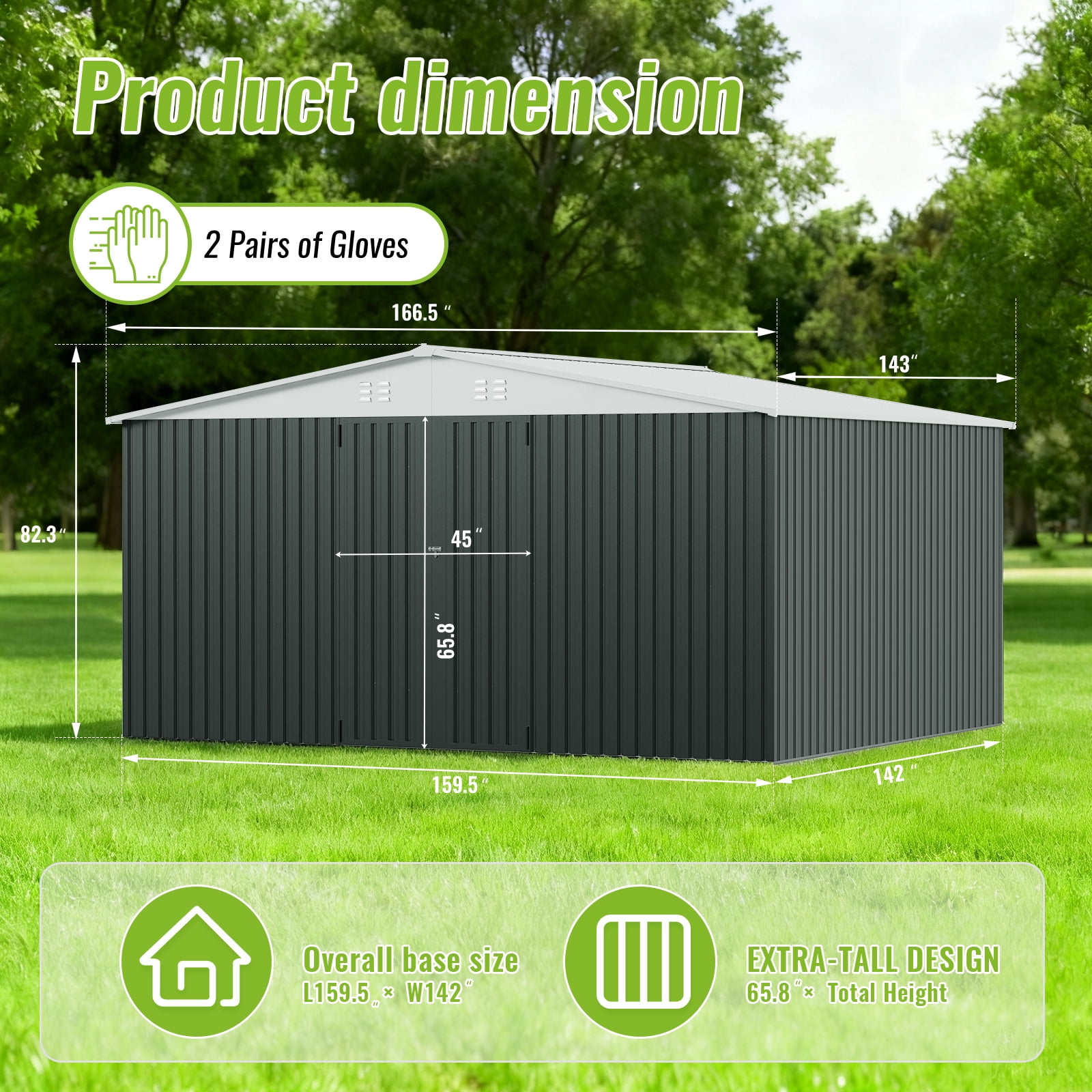 EasyHawk 14 ft x 12 ft Heavy-Duty Steel Outdoor Storage Shed with Lockable Doors, White Roof Garden Tool Shed