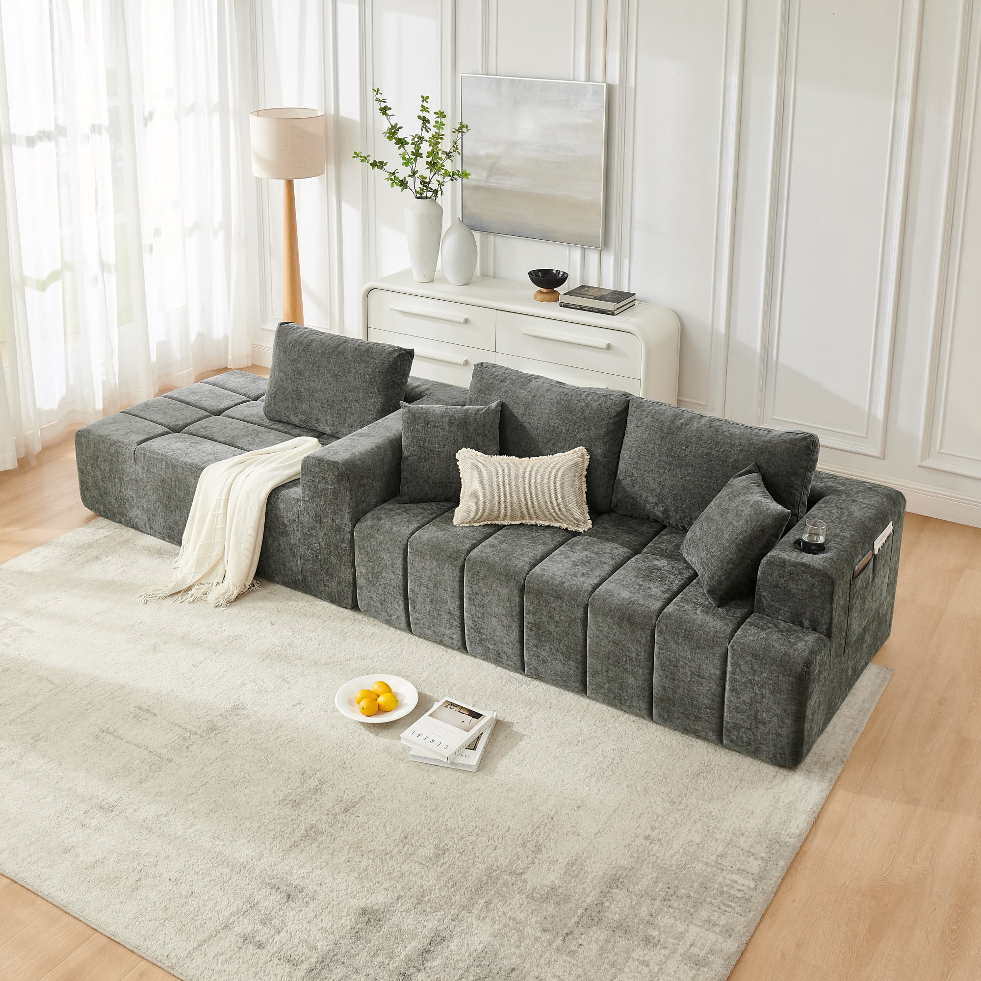 Leumius 108" L-Shaped Sectional Sofa,Chenille Boneless Couch, Modern 3-Seat Upholstered Cloud Couch Sectional with Deep Seat and Cup Holders for Living Room,No Assembly Required,Dark Gray