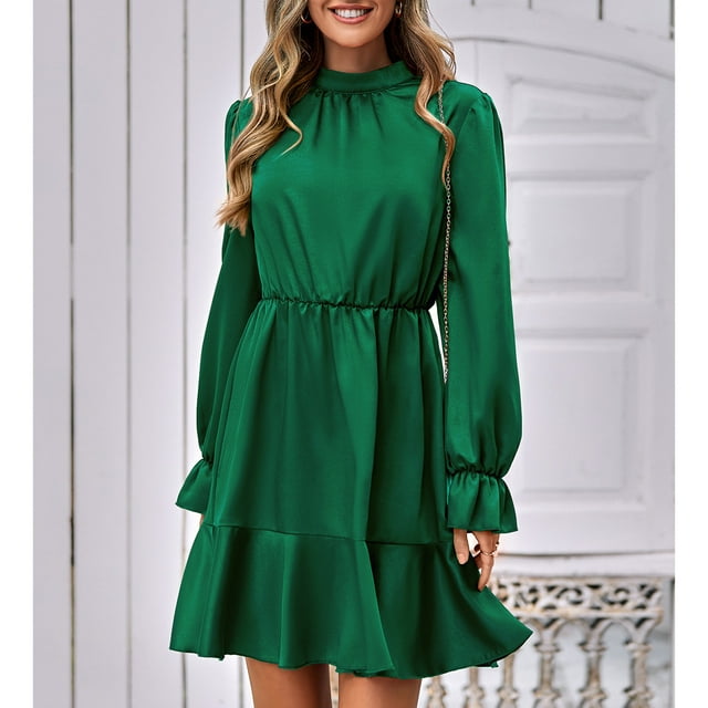 Vestido de manga larga con volantes de color puro, cuello medio alto, vestido informal de retales de línea A para mujer, otoño invierno, verde oscuro S