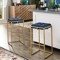 Weston Home Oddie Gold Finish Velvet Button Tufted Bar Stools, Blue (Set of 2)