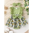 thumbnail image 2 of Bslissey Baby Girls Sleeveless Romper Dress Lace Patchwork Shamrock Print Jumpsuit with Bow Headband Newborn Infant Cute Bodysuit Dress for Spring Summer 0-18 Months, 2 of 9