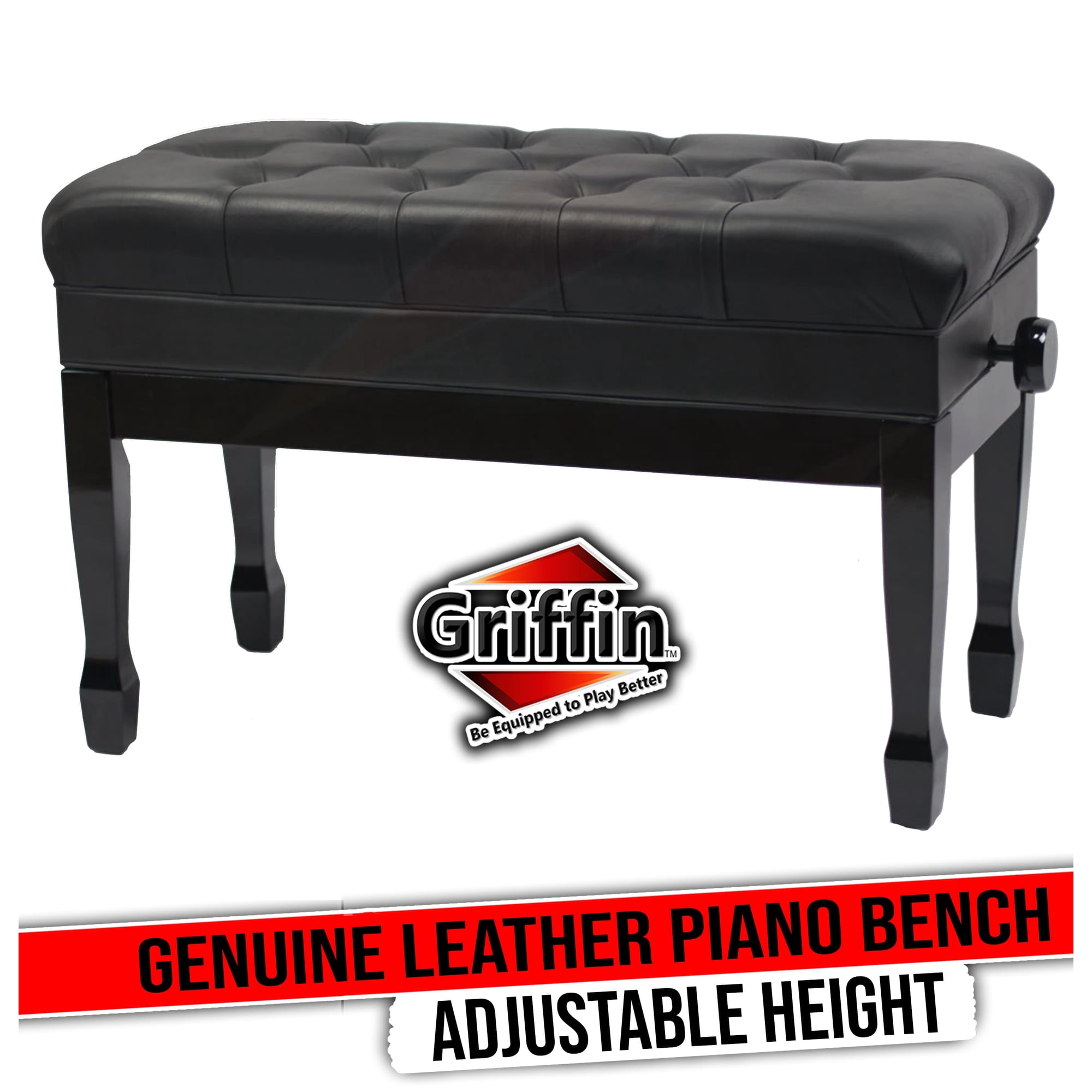 Griffin Genuine Leather Duet Piano Bench Seat | Black Wood Keyboard Guitar Stool