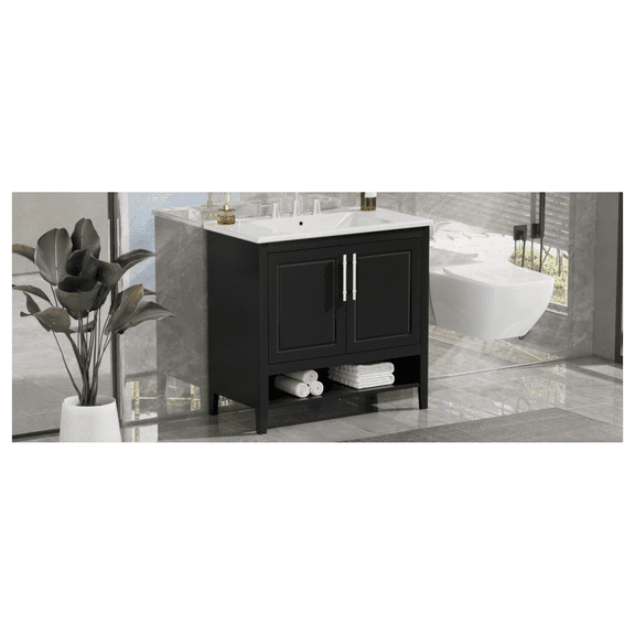 36" Bathroom Vanity with Sink, Multi-functional Bathroom Cabinet with Doors and Drawers, MDF Frame and MDF Board, Black