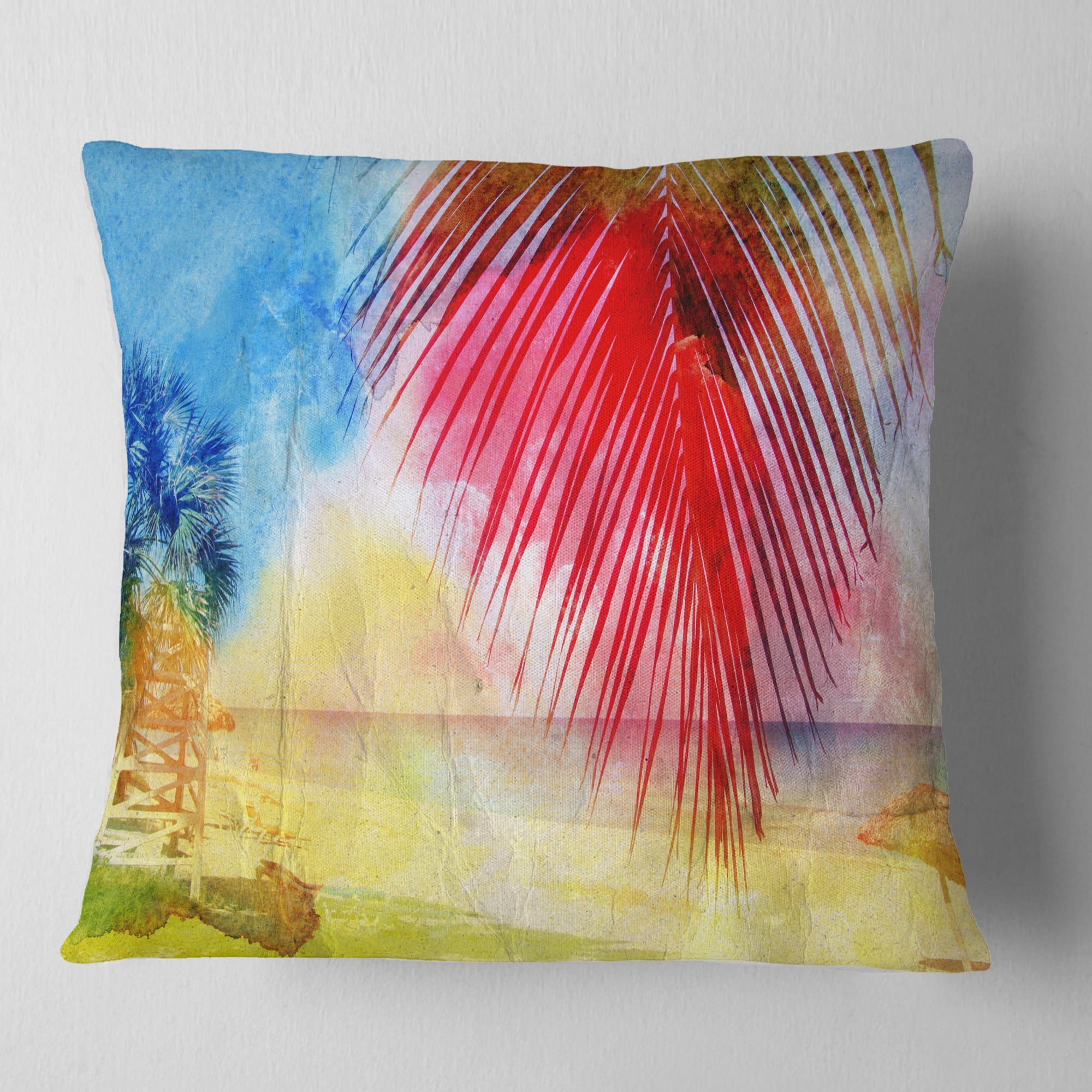 Designart Retro Palm Leaf Watercolor - Trees Painting Throw Pillow - 18x18