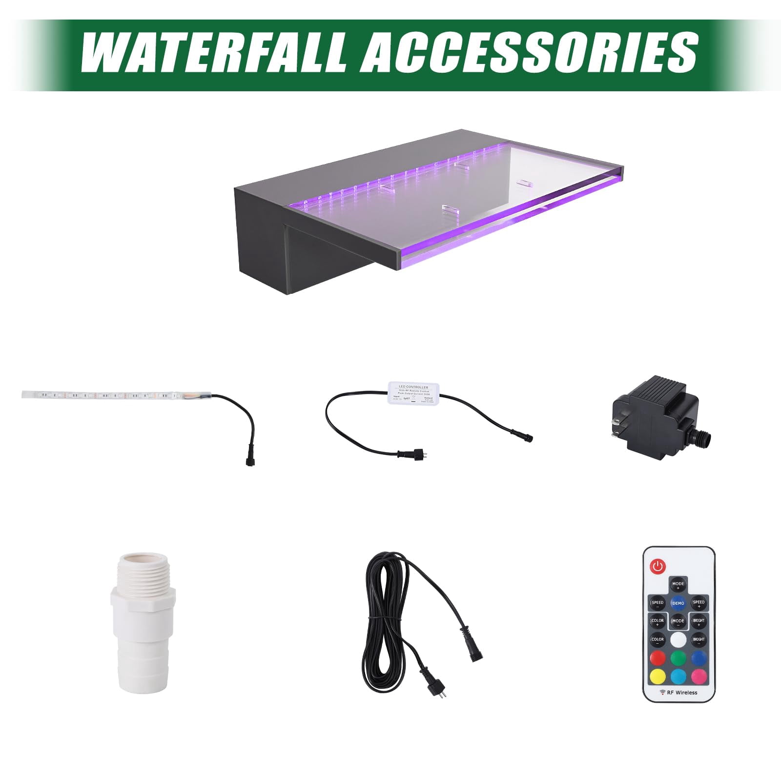Ataucjin 12" Pool Fountain Acrylic Pool Waterfall Spillway 11.8" x 4.5" x 3.1"(W x D x H) Outdoor Fountain with Pipe Connector, 9 Colors Led Strip Light for Garden Patio Swimming Pool Decoration