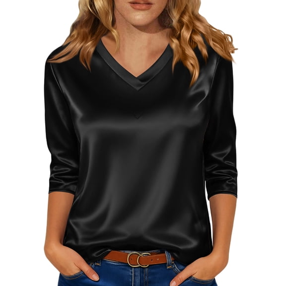 Delconic Women Silk Satin Tops Cap 3/4 Sleeve Blouse V Neck Shirts Business Casual Outfits Black L