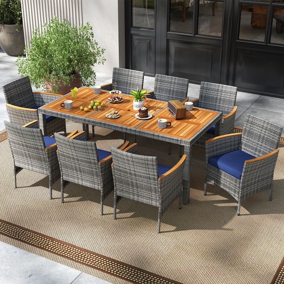 Costway 9 PCS Patio Dining Set for 8 Table and PE Rattan Chairs with 2" Umbrella Hole Navy