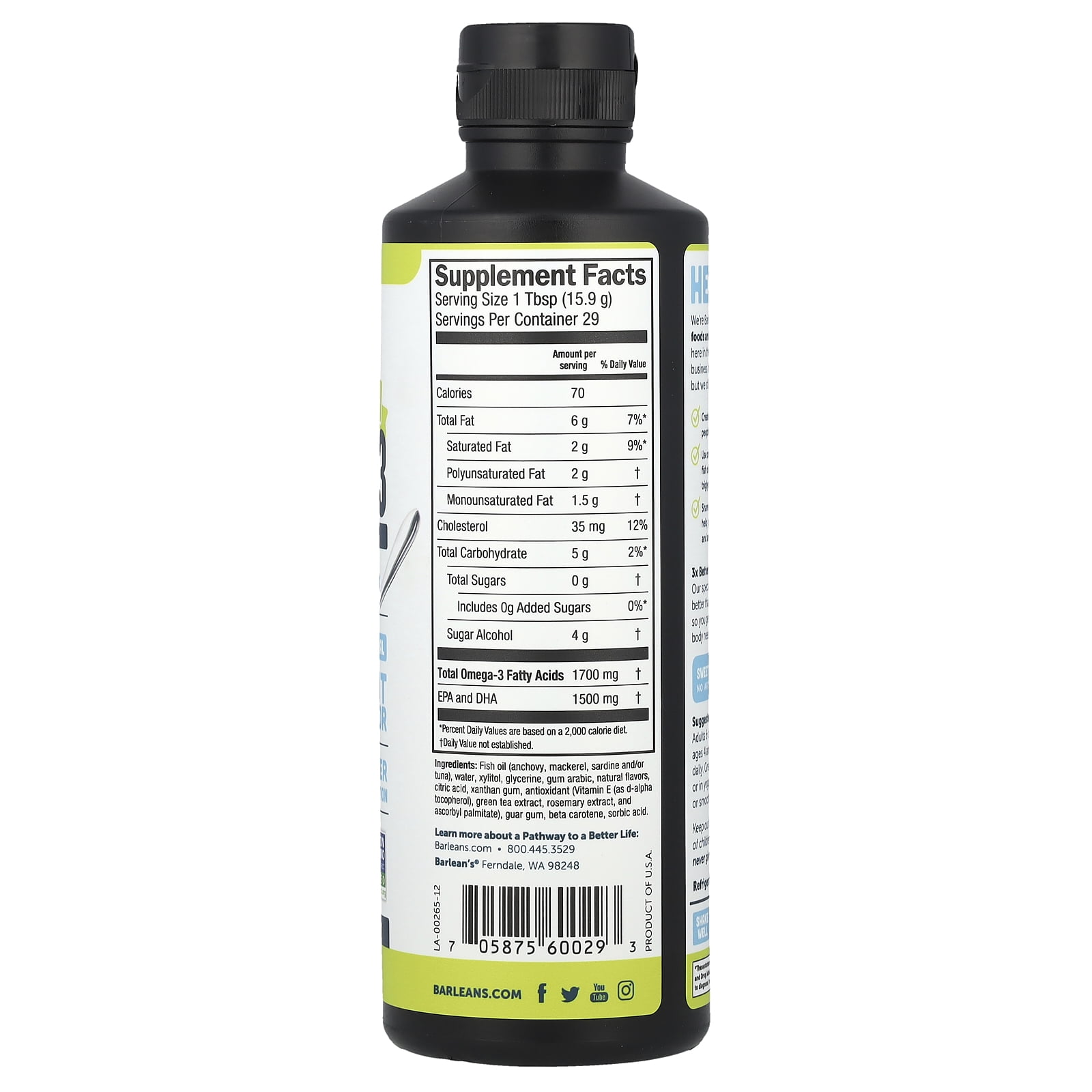 Barlean's Seriously Delicious Omega-3 High Potency Fish Oil Citrus Sorbet 16 oz Liquid