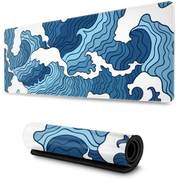 Japanese Blue and White Wave Mouse Pad Large Gaming with Nonslip Base 31.5inchx11.8inch Thick, Comfy Foldable Mat for Desktop Laptop Keyboard Consoles & More, One Size