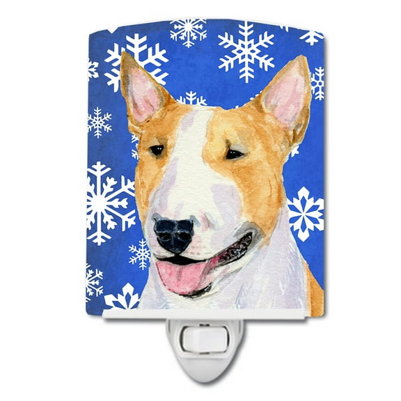 Caroline's Treasures SS4634CNL Bull Terrier Winter Snowflakes Holiday Ceramic Night Light, 6x4x3", multicolor