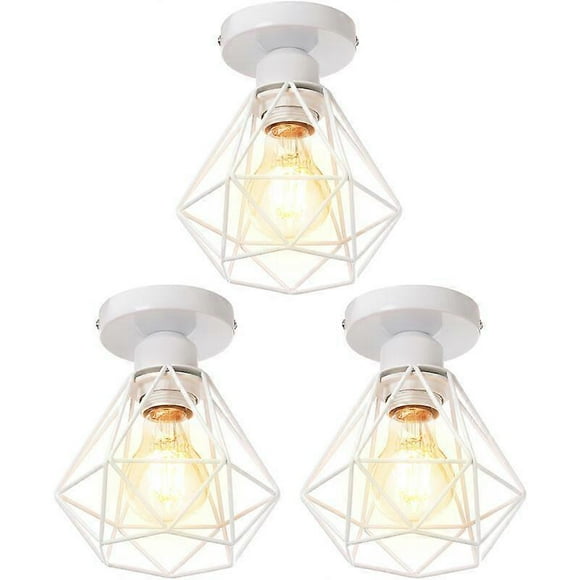 3 Pcs Lumière de Plafond Cage Diamant E27 16cm Blanc Rétro Industriel Lustre Suspension pour Couloir Escalier Chambre