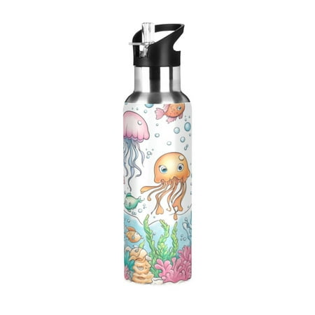 

600/1000ML Stainless Steel Sport Water Bottle with Straw Lid Leak Proof Vacuum Insulated Mug for Outdoor Activities Cycling Running & Walking Colorful Jellyfish and Fish