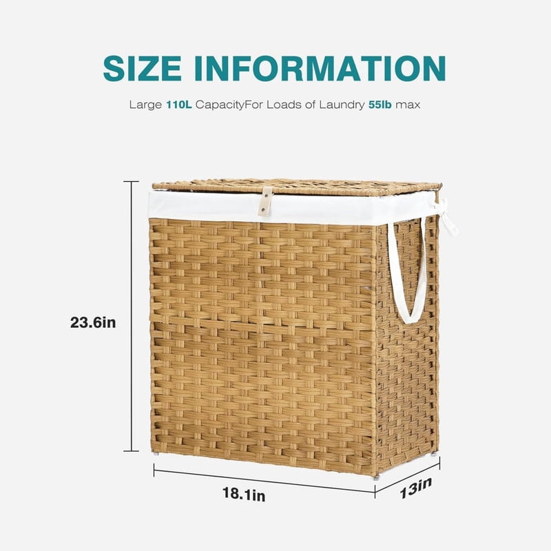 Kelno 110L Laundry Basket with Lid Foldable Rattan Clothes Hamper with Removable Liner Bag, Natural