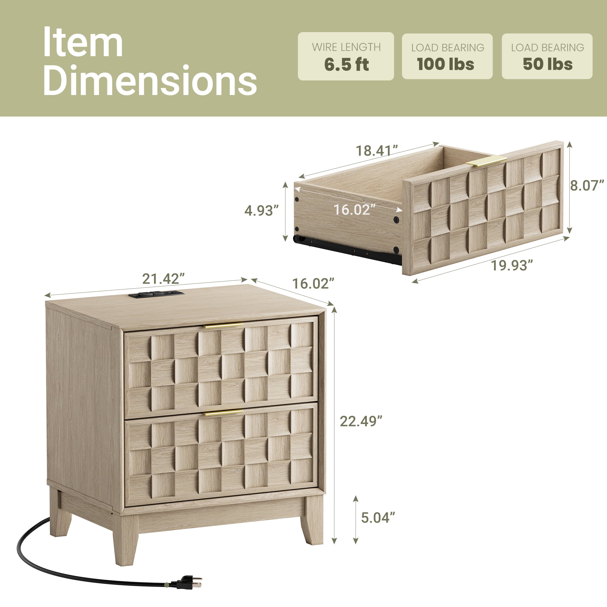 Nightstand with Charging Station, Modern 2 Drawer Bedside Table with Storage, 1 pack,Oak