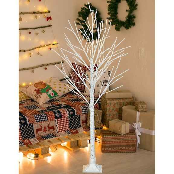 Seizeen 6FT Birch Tree, Lighted Artificial Tree, XXL Snowflake Christmas Tree with 96 LED Lamps for Halloween, Christmas