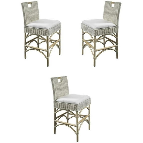 Home Square Rattan and Fabric Barstool in White Wash - Set of 3