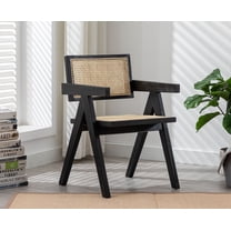 Guyou Rattan Dining Chair, Mid-Century Farmhouse Kitchen Chair, Retro Solid Rubber Wood Reading Side Chairs with Woven Back and Seat for Dining Room Living Room Bedroom, Black Base