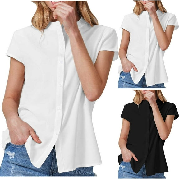 Olyvenn Women's Button Down Shirts Slim Fit Short Sleeve Crewneck Dress Shirts Solid Color Work Blouse Summer Tops Black XXL